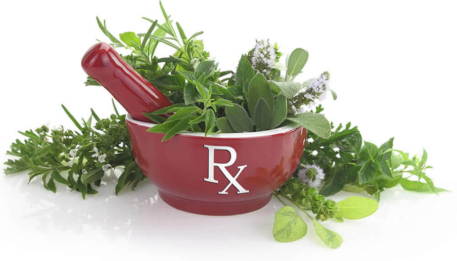 Pestle and mortar with herbs